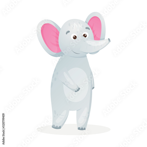 Cute standing baby elephant, African animal, vector isolated cartoon illustration.