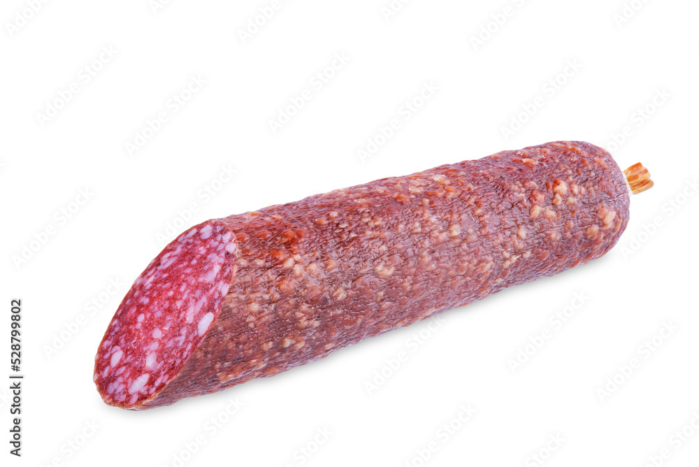Salami sausage on a white isolated background Salami sausage on a white isolated background