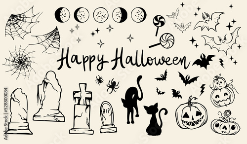 Vector set of Halloween clipart. Funny illustration for seasonal design, textile, kids playroom decoration or greeting card. Drawn by hand. Background Halloween.