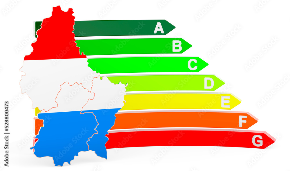 Obraz premium Luxembourgish map with energy efficiency rating, 3D rendering