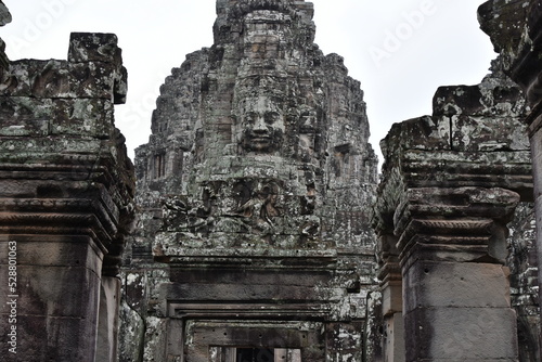Bayon Tower with Face of Jayavarman VII and Columns, Siem Reap, Cambodia