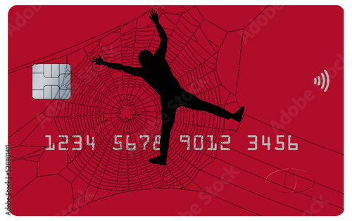 A man is trapped by his credit card debt and fees and is seen tangled in a spicer’s web in front of a credit card. This is a 3-d illustrationl