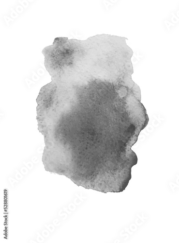 Gray watercolor spot on white. Hand drawn painted object. Grey stain. Watercolor artwork. Art banner. Black and white illustration