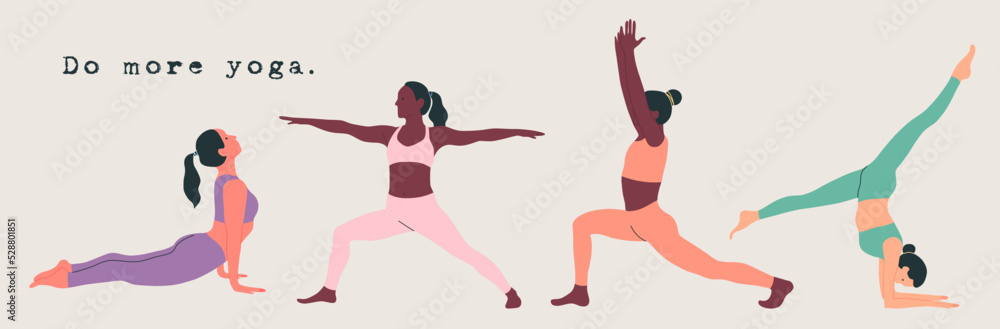 Set of women wearing sportswear doing Yoga. Young slim girls doing yoga. Hand drawn colored Vector illustrations. Weight Loss. Health care and lifestyle concept. Female yoga.