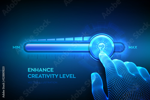 Increasing Creativity. Wireframe hand is pulling up to the maximum position progress bar with the creativity icon. Innovative and Solution. Idea and imagination. Creative mode. Vector illustration.