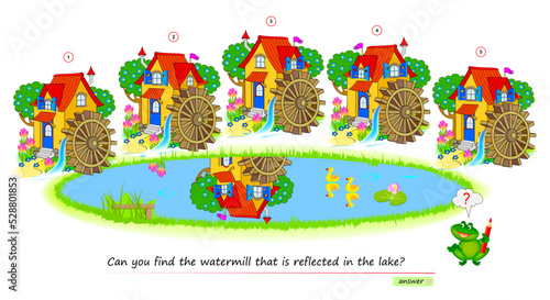 Logic puzzle game for children and adults. Can you find the watermill that is reflected in the lake? Page for brain teaser book. Developing kids spatial thinking. Task for attentiveness.