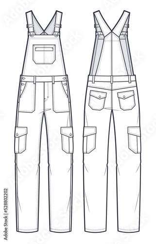 Unisex Jumpsuit, Cargo Pants fashion flat technical sketch template. Jeans Jumpsuit fashion illustration with full lenght, pockets, oversized, front, back view, white, women, men, unisex CAD mockup.