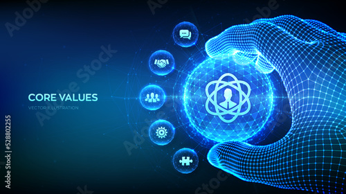 Core Values. Responsibility Ethics Goals Company concept in the shape of polygonal sphere in wireframe hand. Core values infographic. Vector illustration.