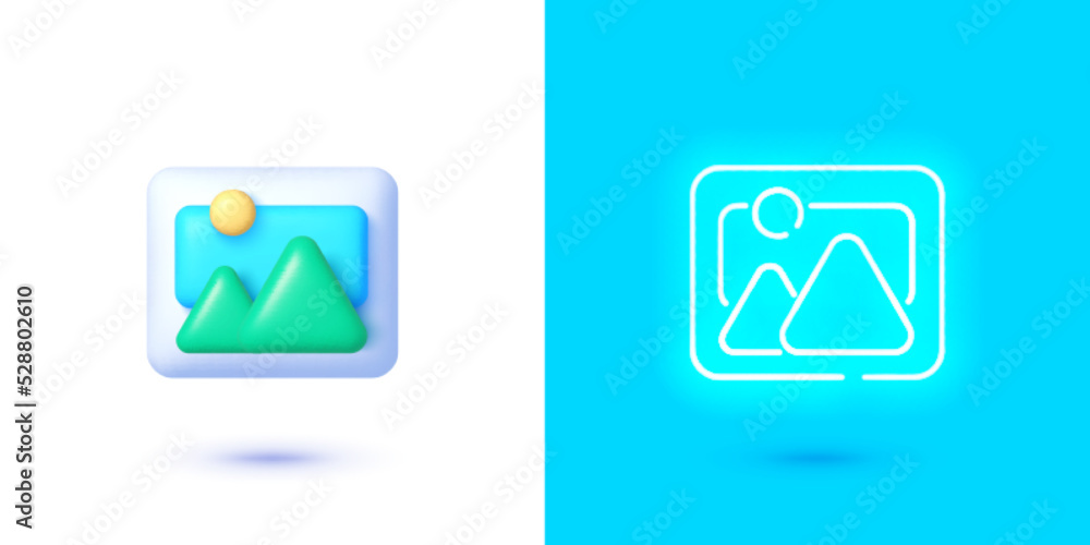 Pictures icon in 3d and neon style. Vector 3d illustration Pictures icon in 3d and neon style. Vector 3d illustration