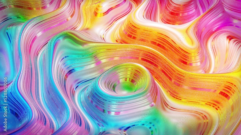 Fototapeta premium 3d rendering abstract background. Beautiful iridescent wavy surface of liquid with pattern, gradient color and flow waves on it. Rainbow glossy and matt fluid. Creative bright bg