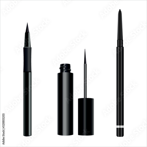 Set Realistic vector eyeliner with black bottle magic pen and rotate pencil.