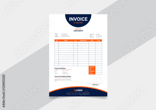Business invoice form template. Invoicing quotes, money bills or price invoices and payment agreement design templates