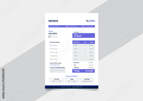 Business invoice form template. Invoicing quotes, money bills or price invoices and payment agreement design templates