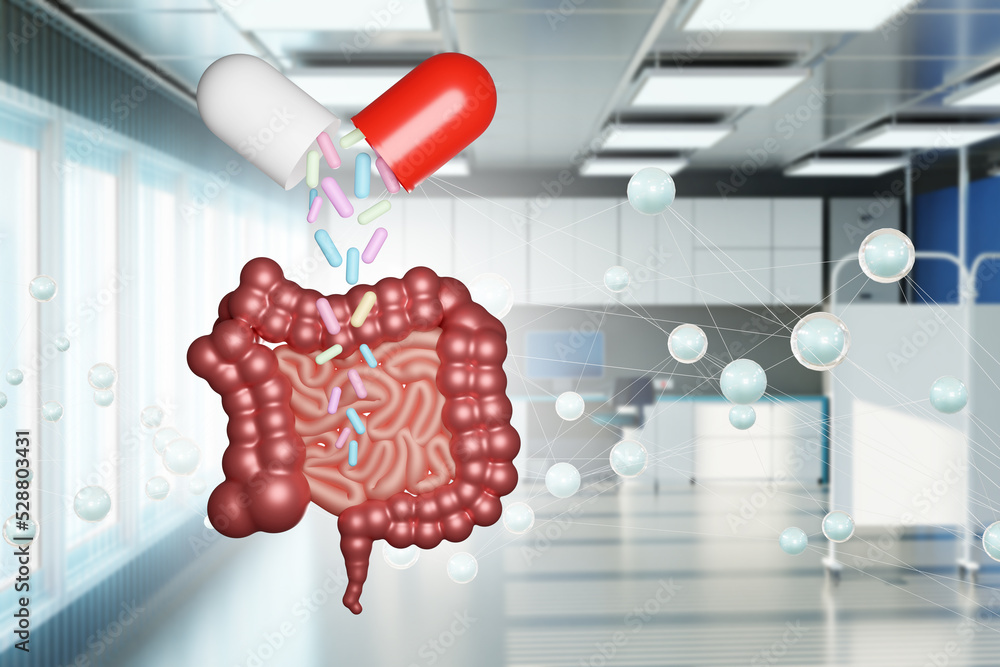 Tablet for intestines. Tablet capsule over human intestines. Hospital