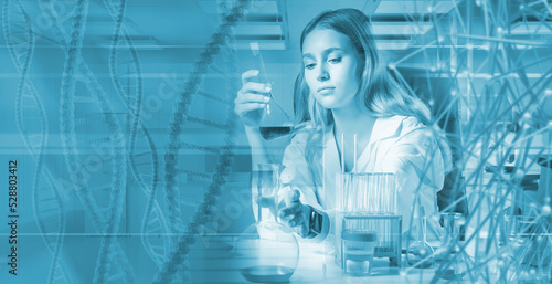 Geneticist woman. DNA helix...