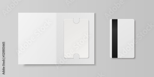 Vector 3d Realistic White Guest Room, Plastic Hotel Apartment Keycard, ID Card, Sale, Credit Card with Magnetic Strip. Design Template with Paper Cover Case, Wallet for Mockup, Branding. Top View