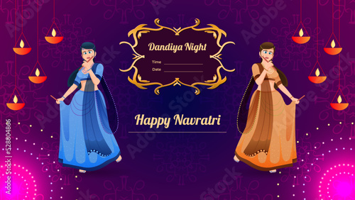 Happy Navratri, Traditionally dressed women character on dandiya night banner vector.