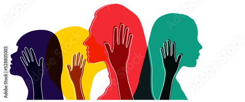 Banner background of human profile silhouette. Colorful up hands. Vector illustration