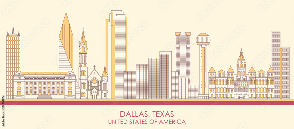 Cartoon Skyline panorama of city of Dallas, Texas, United States - vector illustration