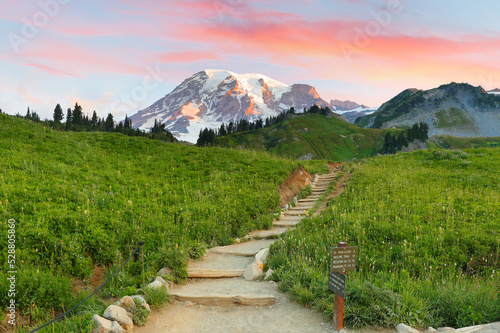 A beautiful set of stone stairs along the Skyline Trail in Mt Rainier National Park at sunrise. The 5.5 mile trail in Paradise area provides splendid view of Mt Rainier, Washington USA.  photo