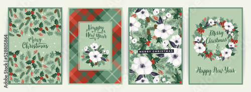 Christmas and Happy New Year cards with Christmas tree and white flowers. Vector design.