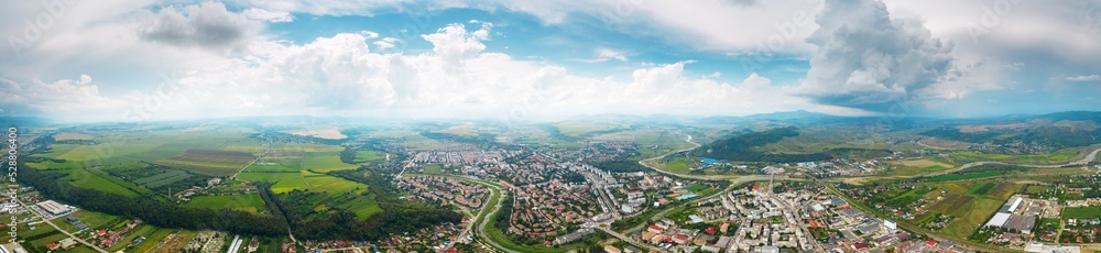 Aerial drone panoramic view of Sighisoara, Romania