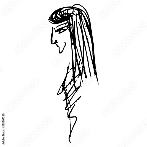 Woman with long loose hair. Female portrait in profle. Hand drawn linear doodle rough sketch. Black silhouette on white background.