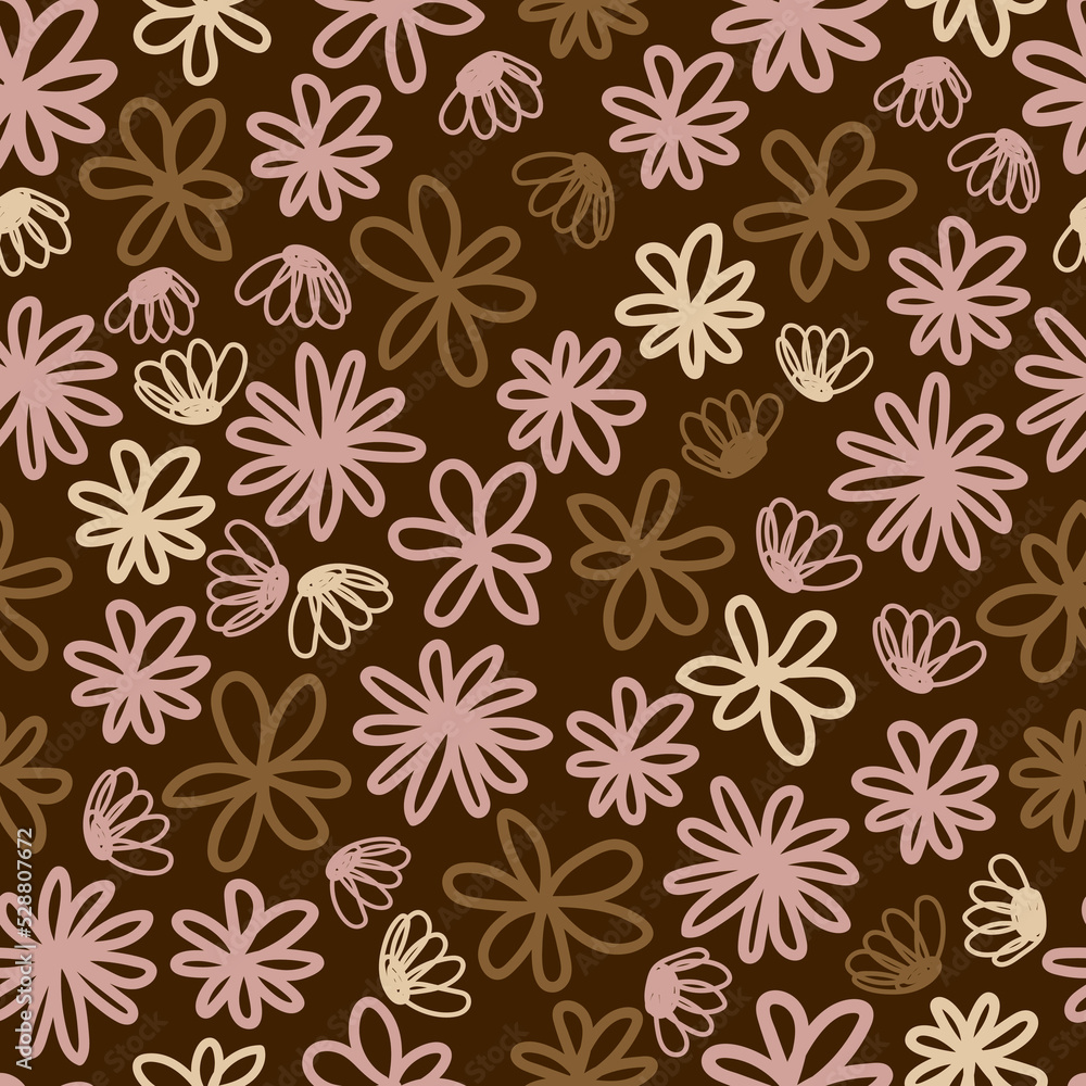  Simple vector flowers seamless pattern in abstract style on dark background.