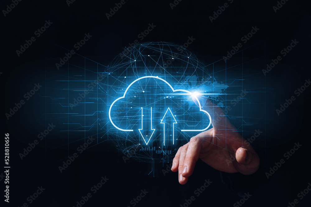 Hand touching cloud technology hologram icon. Data storage service. Hand touching cloud technology hologram icon. Data storage service.