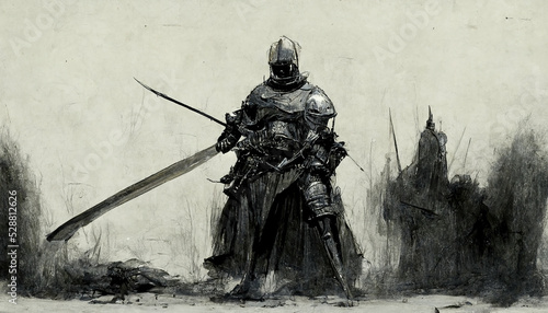 Fényképezés Epic dark knight with a sword hand drawn sketch illustration