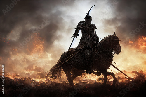 Stampa su tela The knight finally rides on a fiery flaming field , painting illustration
