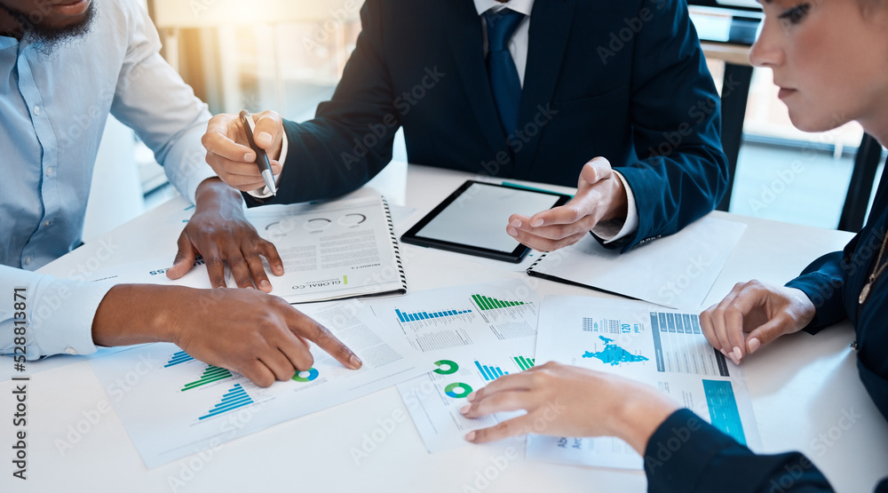 Corporate, digital tablet and paper statistics analysis by professional team in business meeting. Financial group of consulting on data, graphs and analytics charts for company development in office. Corporate, digital tablet and paper statistics analysis by professional team in business meeting. Financial group of consulting on data, graphs and analytics charts for company development in office.