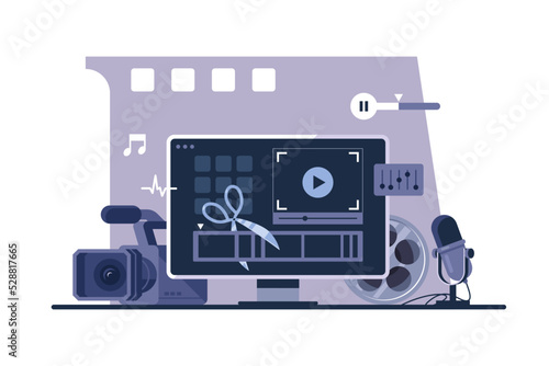 Vector illustration of video editing. Workplace of a video editor - computer with software, camera, reel. Production of multimedia content. Film montage process.