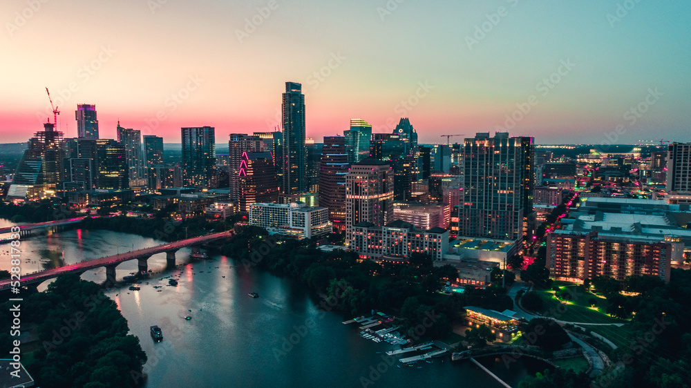 Fototapeta premium Austin Texas Night Life Drone Aerial Ladybird Lake