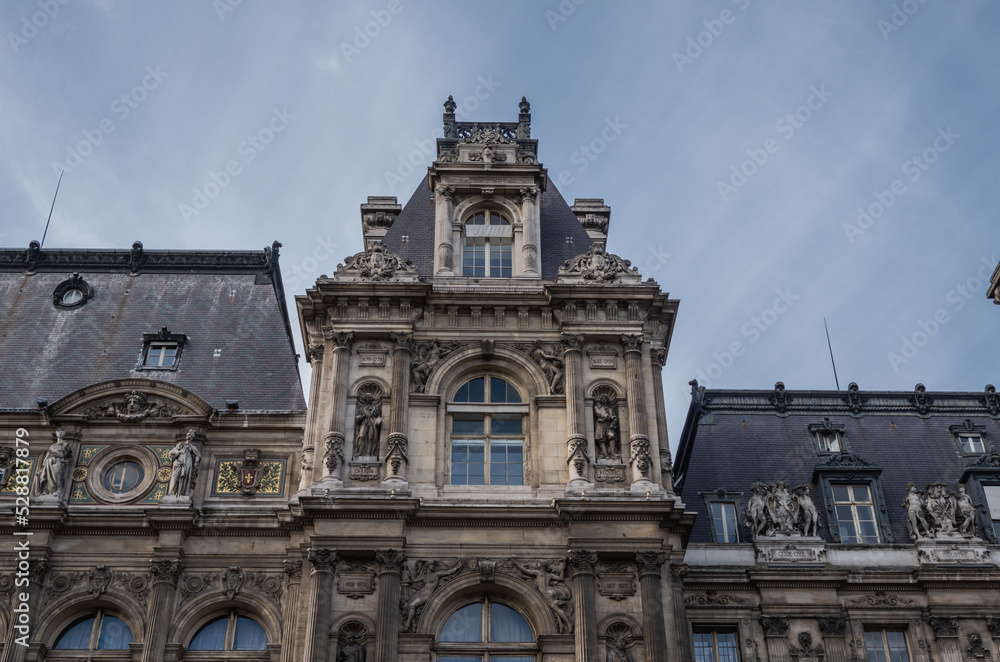 Louvre Museum castle paris detail of the facade Hotel de Ville Paris-rue Lobau