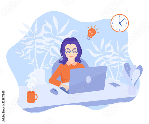 The woman working on computer, team leading. Freelancer works in office or from home online. Modern technologies and digital world, work on Internet. Vector illustration in flat cartoon style.