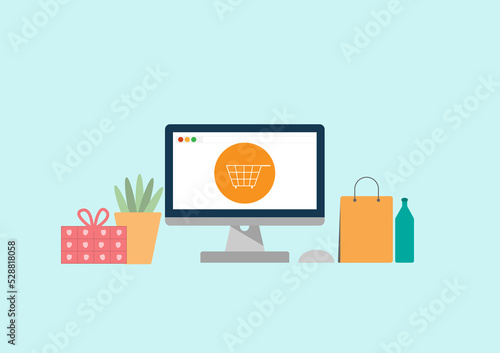 vector illustration online shopping flat icon, packaging e-commerce advertising, online marketing on delivery, promotion platform shopping