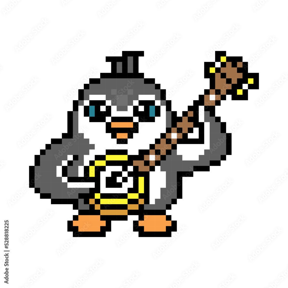 Fototapeta premium Penguin playing banjo, pixel art animal character isolated on white background. Old school retro 80s, 90s 8 bit slot machine, computer, video game graphics. Cartoon folk, country music artist mascot.