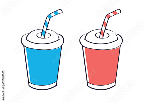Blue and red cola or soda soft drink paper cup with straw isolated vector illustration