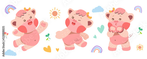Baby piglet in white background ,Vector illustration ,Cute animal. Collection of pig. Cartoon suitable for, print, sublimation, shirt, postcard, printable, stationery ,kids product.