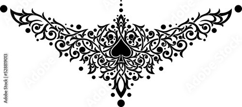 Victorian Gothic ornamental pattern with spades. Tattoo under breast, necklace, bracelet, on the back. Intricate design and decor. Highly detailed and accurate lines for print or engraving