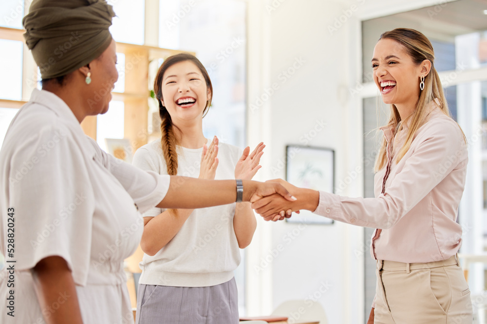 Fototapeta premium Handshake, welcome and thank you with businesswomen in teamwork, collaboration and communication in office. Success, b2b partnership and trust or business people shaking hands in corporate meeting.