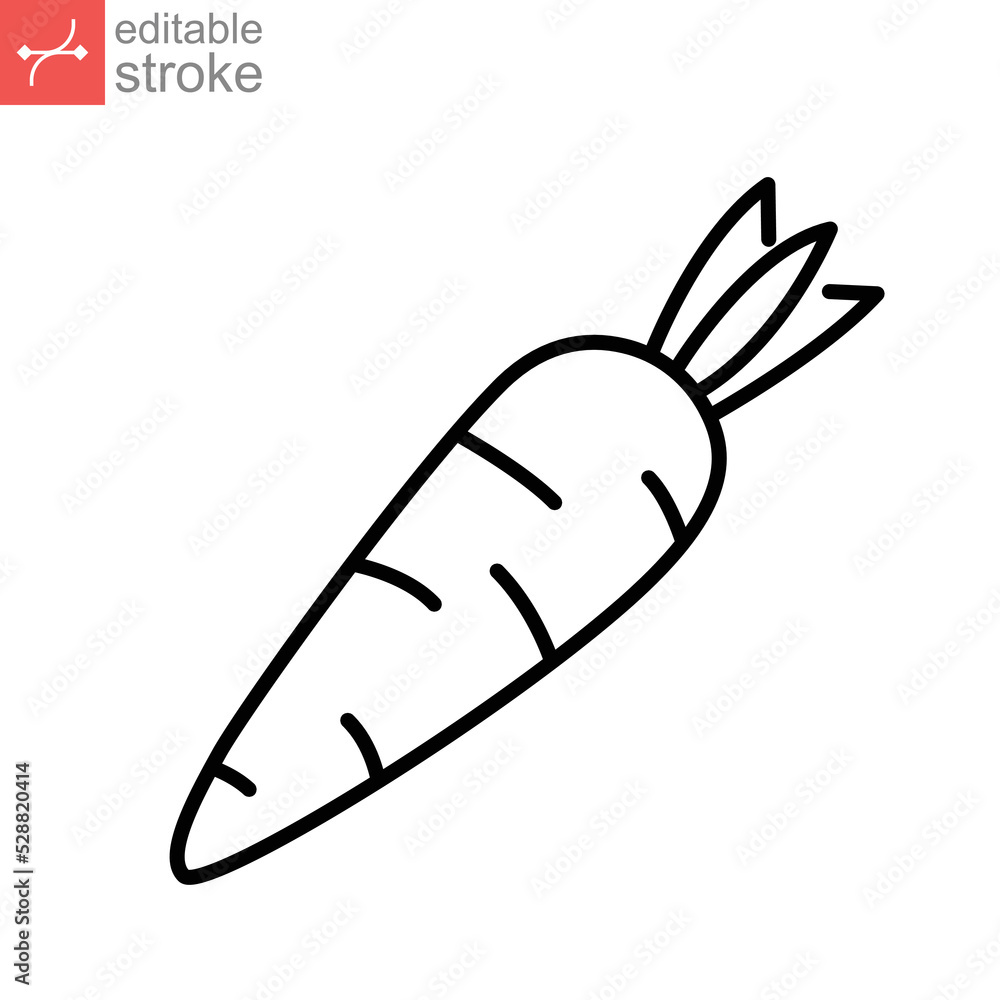 Carrot icon. Organic vegetable and food Product from garden. For diets, cooking breakfast, lunch, dinner, salads. Outline style Editable stroke. Vector illustration. Design on white background. EPS 10 Carrot icon. Organic vegetable and food Product from garden. For diets, cooking breakfast, lunch, dinner, salads. Outline style Editable stroke. Vector illustration. Design on white background. EPS 10