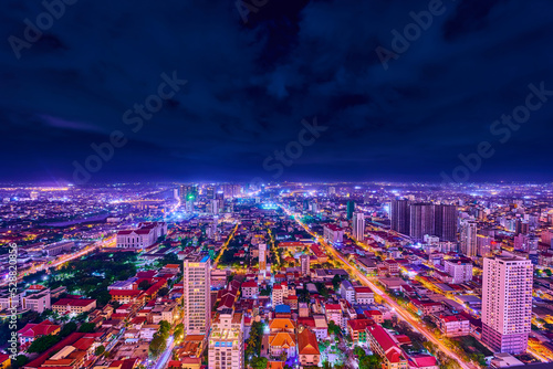 skyline at night in phnom penh city capitall of cambodia