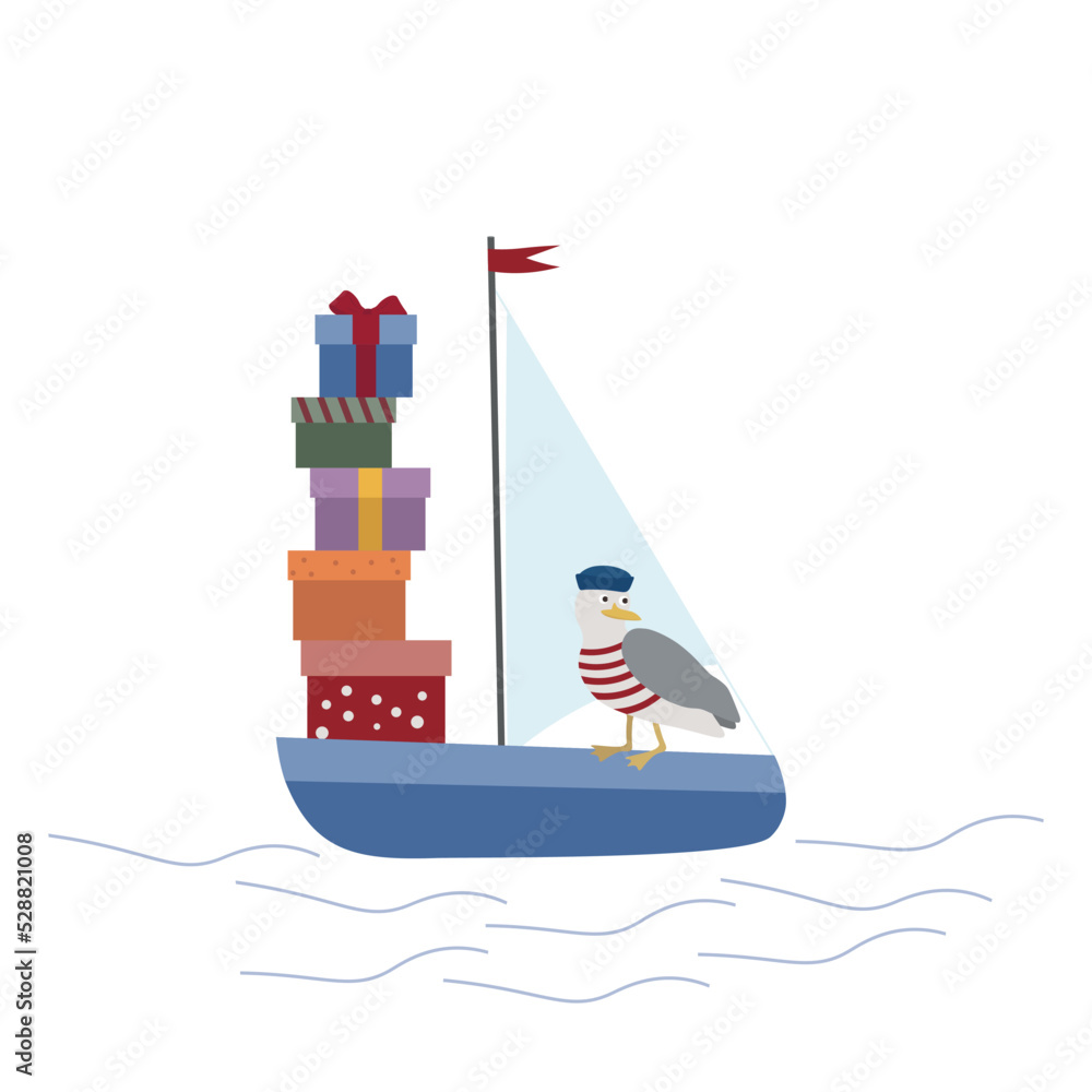 Greeting card with bird and gifts on a boat
