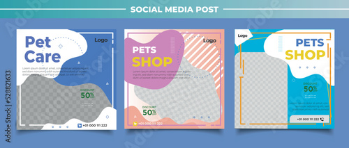 Pet shop social media post template design with photo collage.	