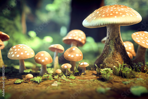 A detailed 3D digital art of a mushroom growing in an old piece of wood, macro lens