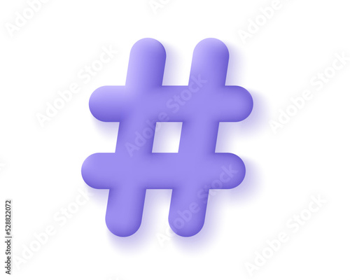 3d hashtag icon. Render hashtag symbol for search link on social media. Concept of microblogging, social media and simple number sign. 3d vector cartoon minimal illustration