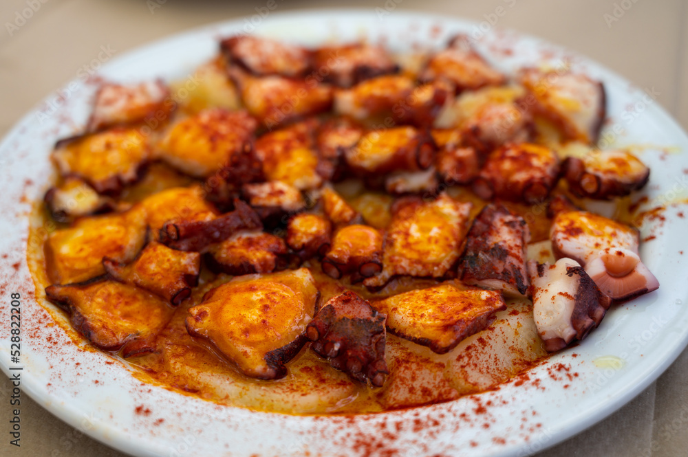 Tasty seafood, grilled octopus galician style with red pimento paprika and potatoes Tasty seafood, grilled octopus galician style with red pimento paprika and potatoes