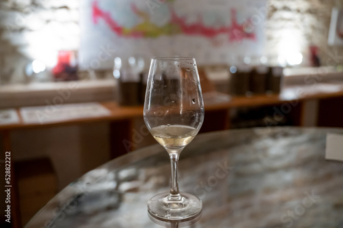 Wine tasting in underground cellars caves of French wine domain in Puligny-Motrachet village, Burgundy, France photo